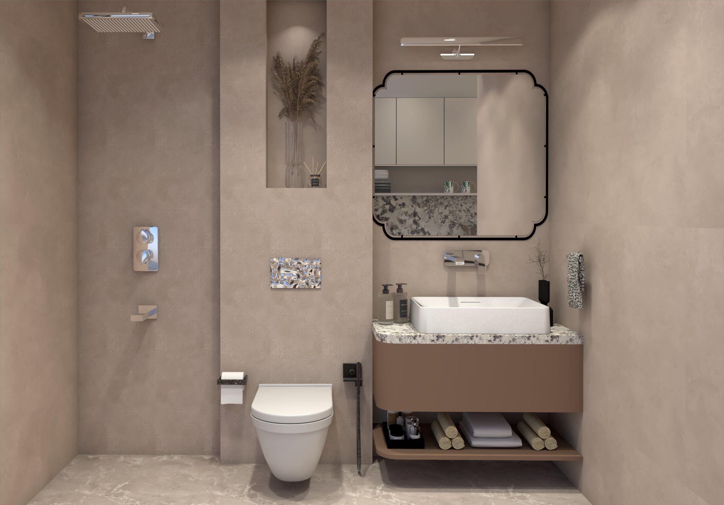 Designer bathroom with vanity counter, mirror and premium fittings