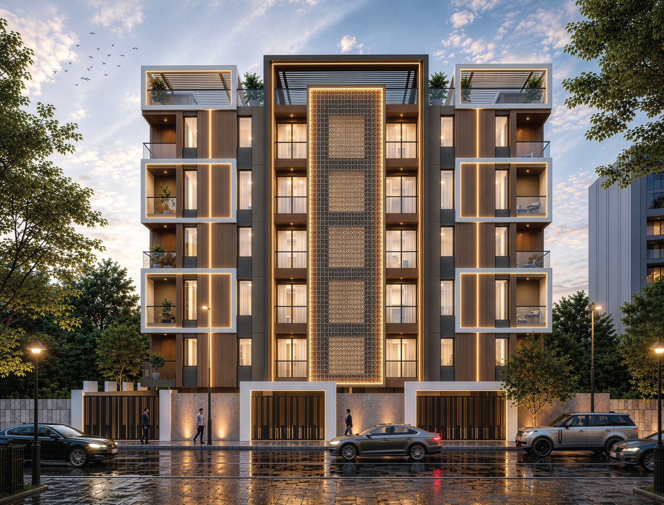 Front elevation of Gurukripa Aaradhya with illuminated jaali façade