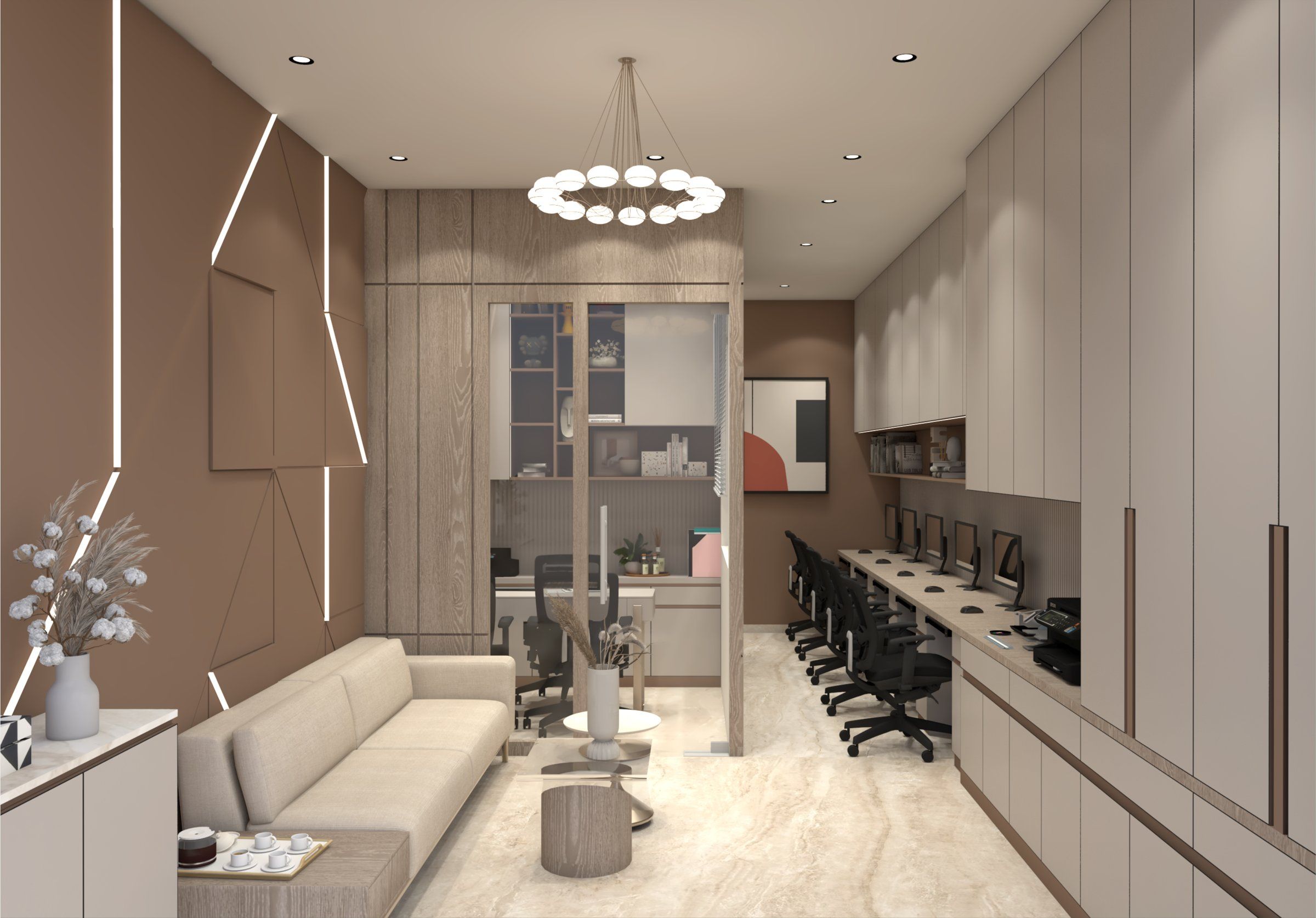 On-site office lounge with workstations and sofa seating
