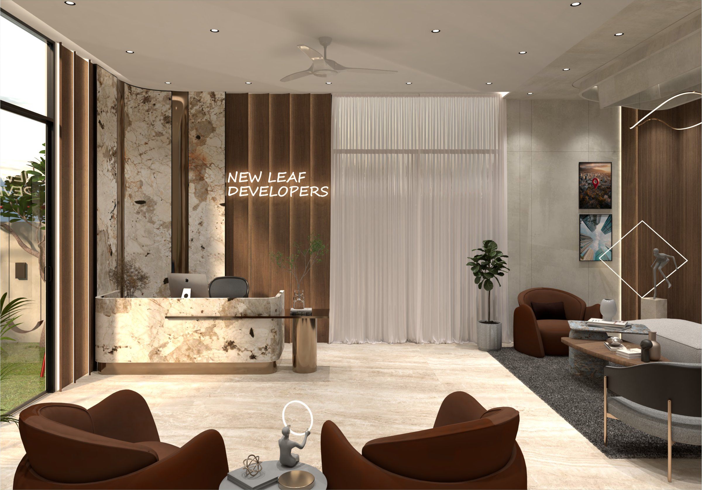Reception area at Gurukripa Aaradhya with marble desk and lounge seating
