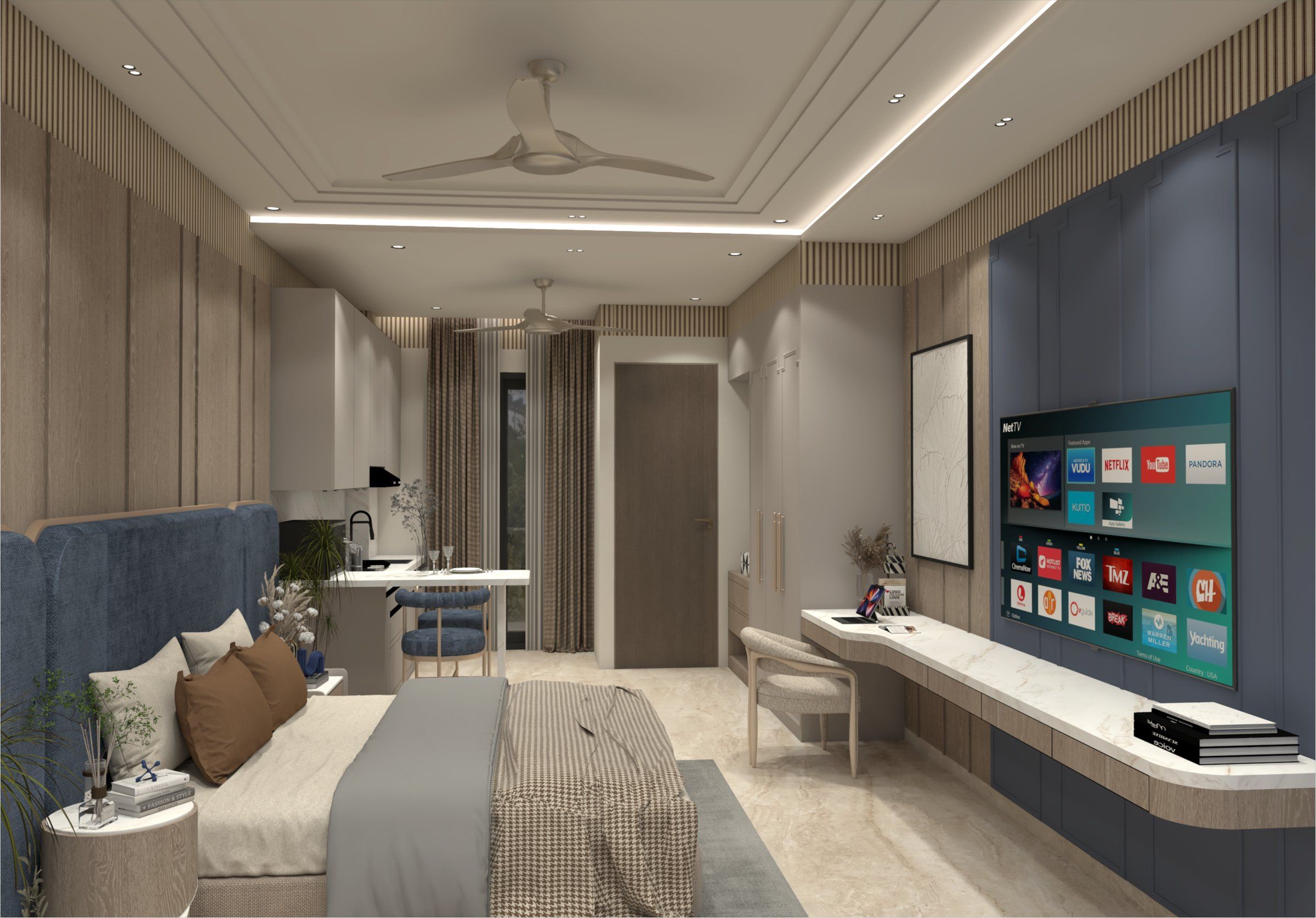 Studio apartment with bed, work desk, wall-mounted TV and pantry