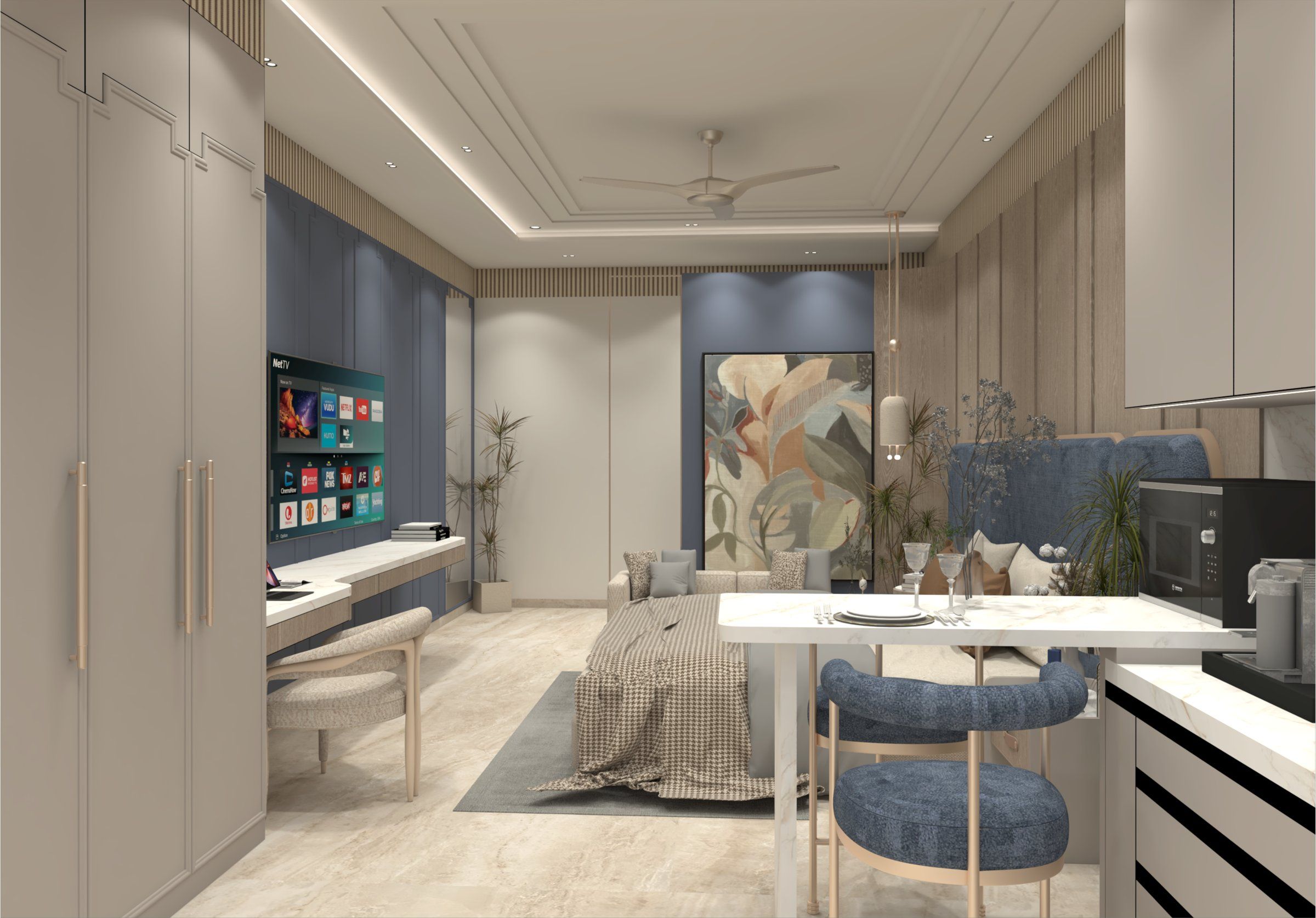 Studio apartment dining area with modular pantry and wardrobe
